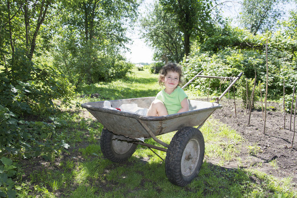 Spring in the garden in a wheelbarrow sits a little curly girl. - Foto, Imagen