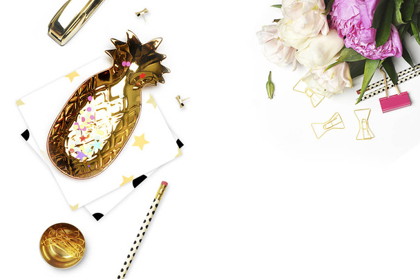 Styled background. Mock-up photo. Fashion and trendy. Flat lay. Stationery items, polka dots pattern with pineapple and pencil, gold stapler. Header for site, hero - Photo, Image