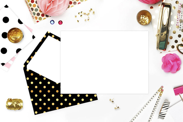 Wedding background. Mock-up for your photo or text Place your work. Woman desktop, template card, Peonies and gold stationery. Gold Polka. Header website or Hero website - Photo, Image