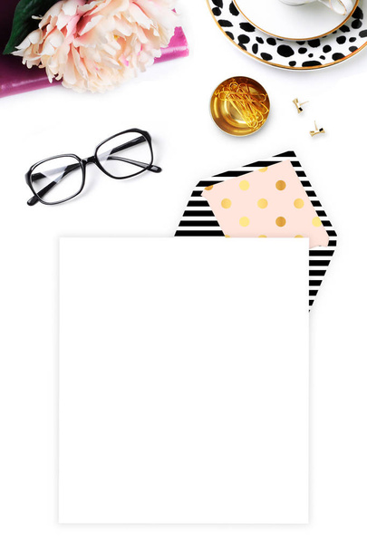 Flat lay. Woman modern background. Mock-up background. Glamour style. Table view - Photo, Image