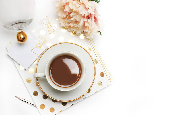 Wedding background mock-up. Flat lay. Coffee with notebook, and peony flower - Photo, Image
