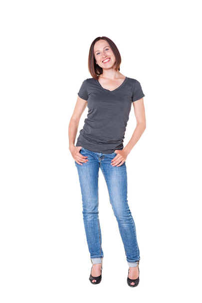красива молода жінка в джинсах і сорочці
 - Фото, зображення
