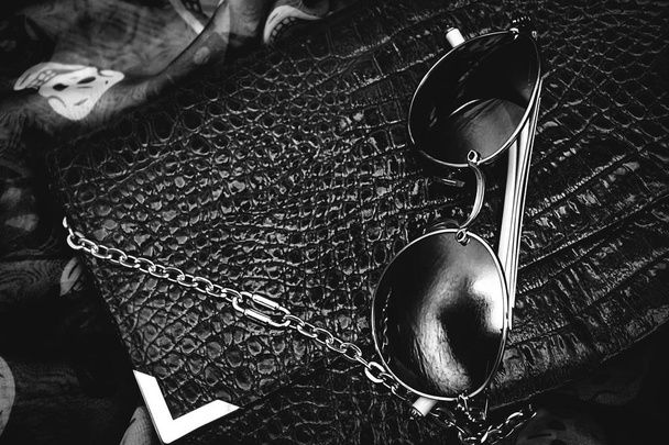 Ladies Fashion Accessories. Clutch and Sunglasses - Fotoğraf, Görsel