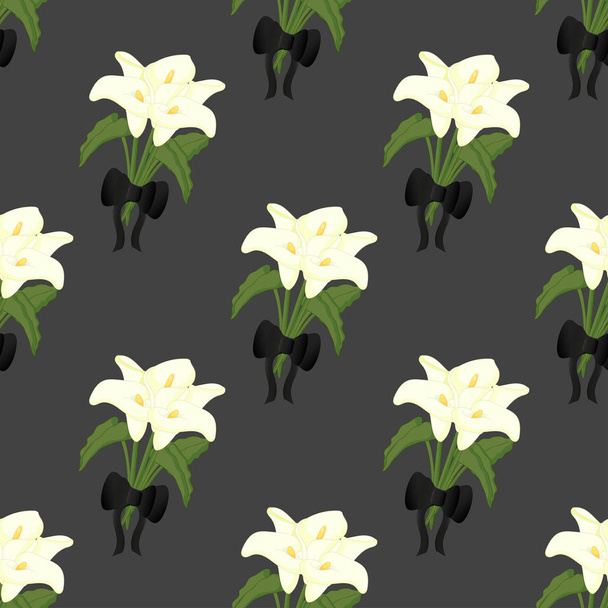 Seamless funeral pattern with calla and black bow.  - Vector, Image
