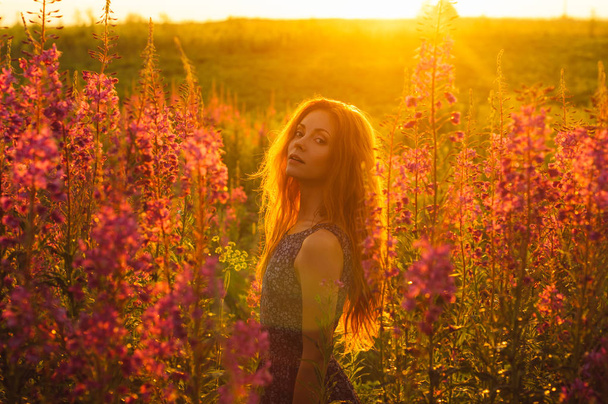 Krásná dívka na poli, podsvícení slunce, východ slunce - Fotografie, Obrázek