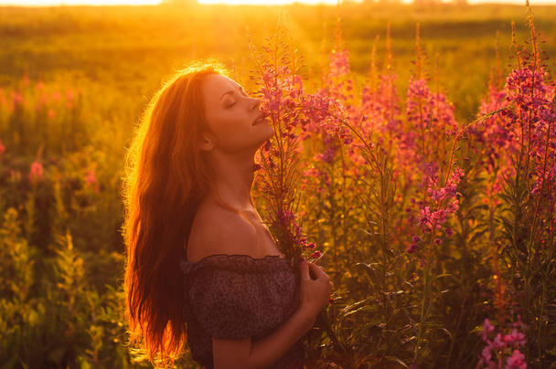 Beautiful girl on field, sun backlight,  sunrise - Photo, Image