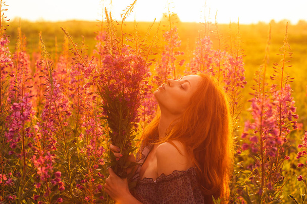 Красива дівчина на полі, підсвічування сонця, схід сонця
 - Фото, зображення