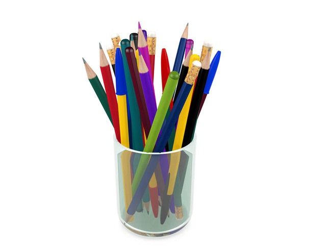 Group of pens, pencils, crayons in transparent glass, stationery elements - Photo, Image