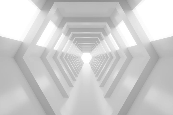 abstrakter leerer, weiß leuchtender Tunnel mit Licht am Ende. 3D-Darstellung. - Foto, Bild