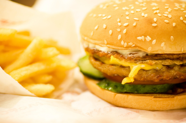 チーズバーガー - アメリカン チーズ鶏バーガー新鮮なサラダとフライド ポテト - 写真・画像