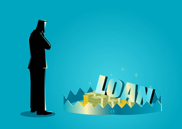 Businessman thinking of taking loans - Vector, Image
