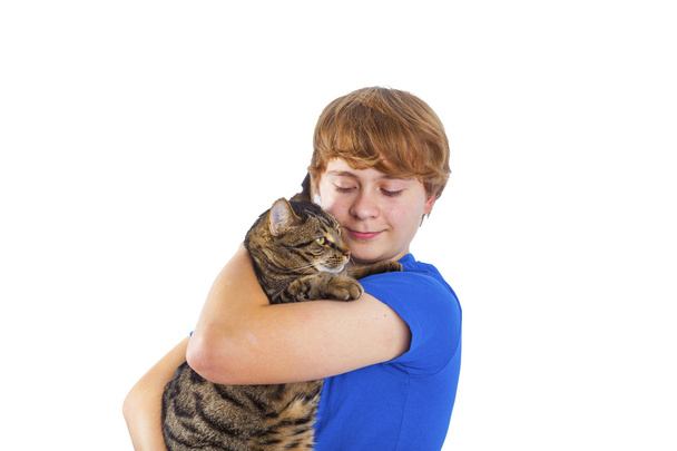 boy hugging with his cat - Photo, image