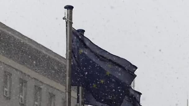 Δύο σημαίες της Ευρωπαϊκής Ένωσης το χειμώνα χιονισμένο. Αργή κίνηση. - Πλάνα, βίντεο
