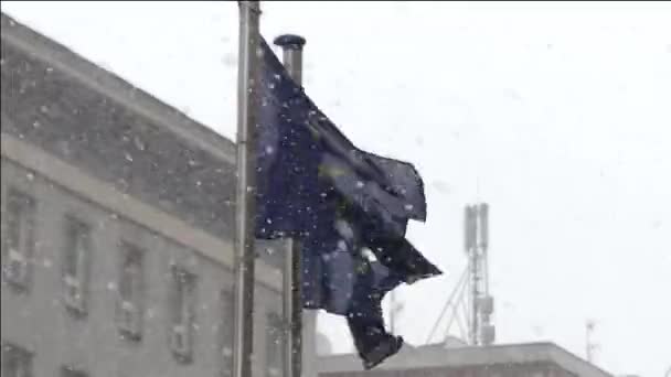 Δύο σημαίες της Ευρωπαϊκής Ένωσης σε χιονισμένο καιρικές συνθήκες. - Πλάνα, βίντεο