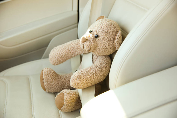 Car seat with buckled  teddy bear - Foto, Imagen