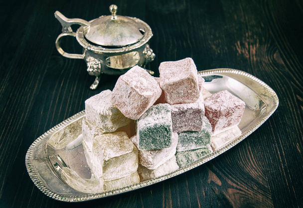Rose flavoured Turkish delight in traditional silver bowl  - Photo, Image