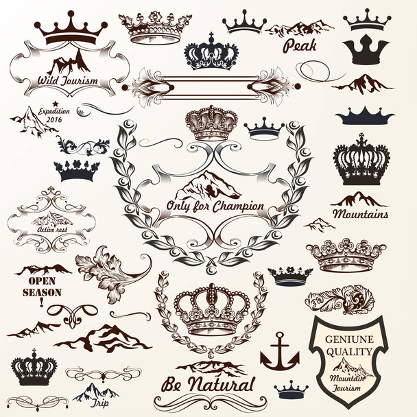 Короны, этикетки, процветает и логотипы в винтажном стиле. Рука
  - Вектор,изображение