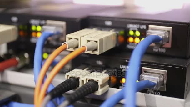 Detalhes do interruptor de rede carregado e de trabalho com conversor de mídia de fibra (linha de fibra de foco
) - Filmagem, Vídeo