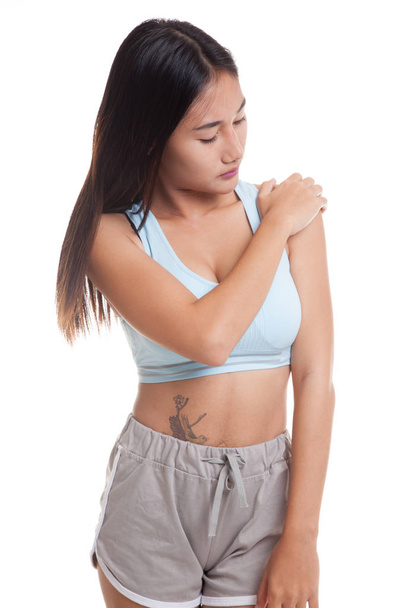 Asian healthy girl got shoulder pain. - Fotoğraf, Görsel