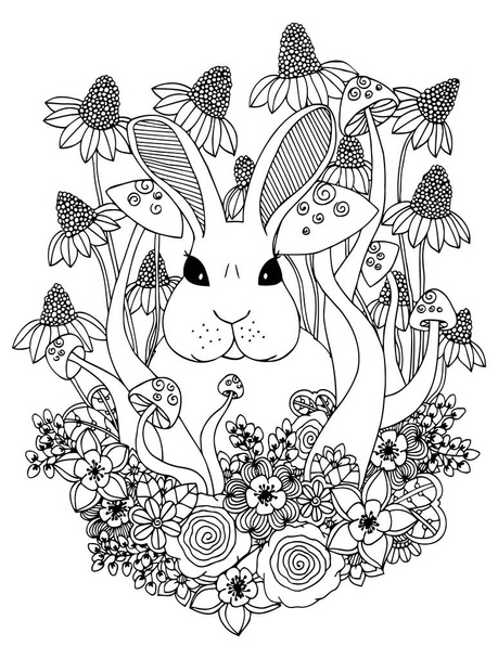Ilustración vectorial zentangl, liebre sentada en un marco de flores. Dibujo Doodle. Libro para colorear anti estrés para adultos. Ejercicios meditativos. Blanco negro
. - Vector, Imagen