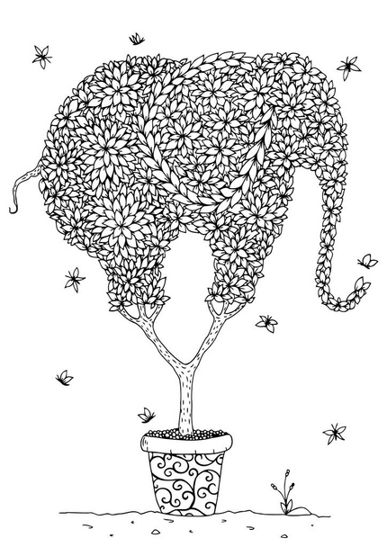 Vektorové ilustrace zentangl slon - strom v hrnci. Doodle, kreslení. Meditativní cvičení. Omalovánky proti stresu pro dospělé. Černá a bílá. - Vektor, obrázek