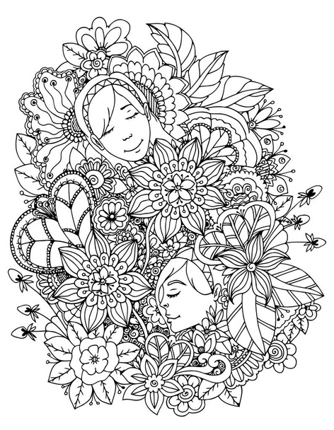 Vector εικονογράφηση zentangl κορίτσι, πλημμυρισμένο με λουλούδια. Doodle σχέδιο. Διαλογιστική άσκηση. Χρωματίζοντας βιβλίο αντι στρες για τους ενήλικες. Μαύρο άσπρο. - Διάνυσμα, εικόνα