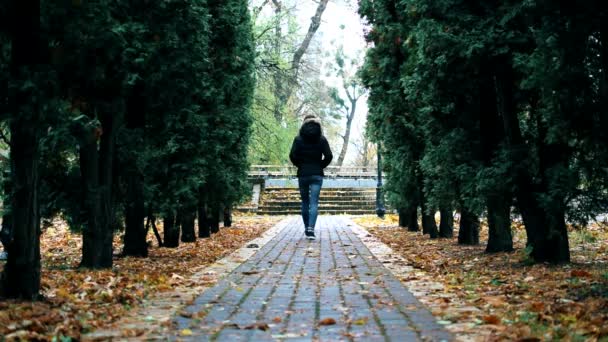 Menina adolescente em jeans e jaqueta preta caminha no parque
 - Filmagem, Vídeo
