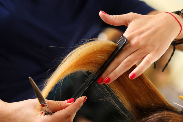 Female hairdresser hold in hand between fingers lock of blonde h - Foto, imagen