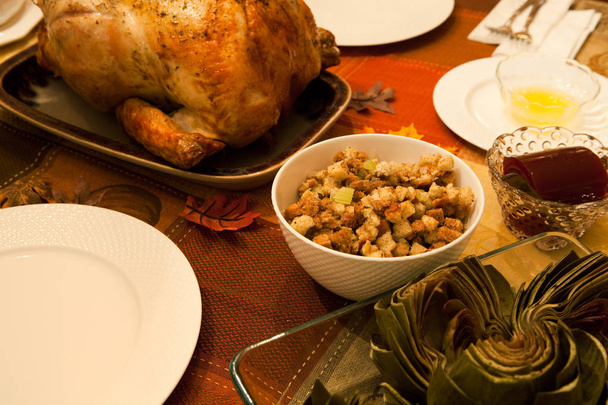 Thanksgiving Dinner with Turkey, Artichokes, Cranberry Sauce Rea - Photo, Image