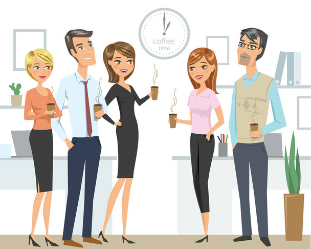 Groep mensen, collega's, medewerkers, vrienden, drinken koffie op kantoor. Teamwork concept. - Vector, afbeelding