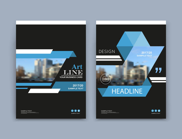 Abstract a4 brochure cover design. Info banner text frame mockup. Urban city view font. Title sheet model set. Modern vector front page. Brand logo texture. Blue triangle figure icon. Ad flyer fiber - Vector, Image
