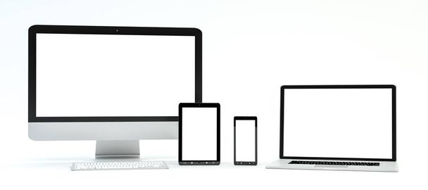 Computadora moderna portátil teléfono móvil y tableta 3D renderizado
 - Foto, Imagen
