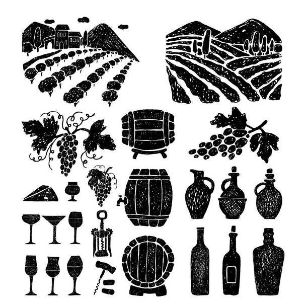 Hand getekende set van wijnbouwproducten. - Vector, afbeelding