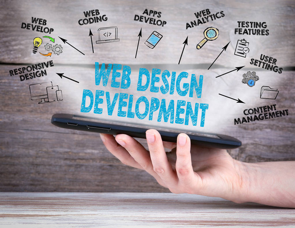 Web Design és fejlesztési koncepció. Tábla-PC a kezét. Régi, fából készült háttér - Fotó, kép
