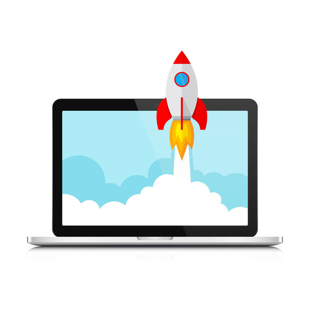 The spacecraft and laptop - concept of business start-up. Vector Illustration. - Vector, Image