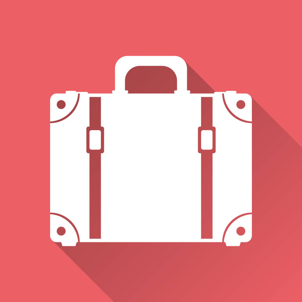 Валіза плоска Векторна ілюстрація на червоному тлі з довгою тінь. Кейс для туризму, подорожей, подорожей, турів, подорожей, літніх канікул
.  - Вектор, зображення