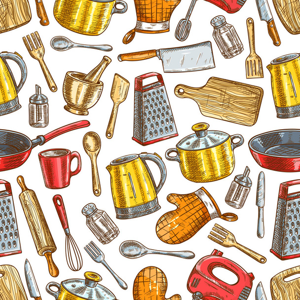 Keukengerei, serviesgoed, keuken gebruiksvoorwerpen patroon - Vector, afbeelding