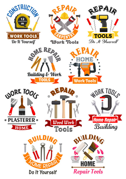 Work tools emblems set for repair, construction - Vector, Image