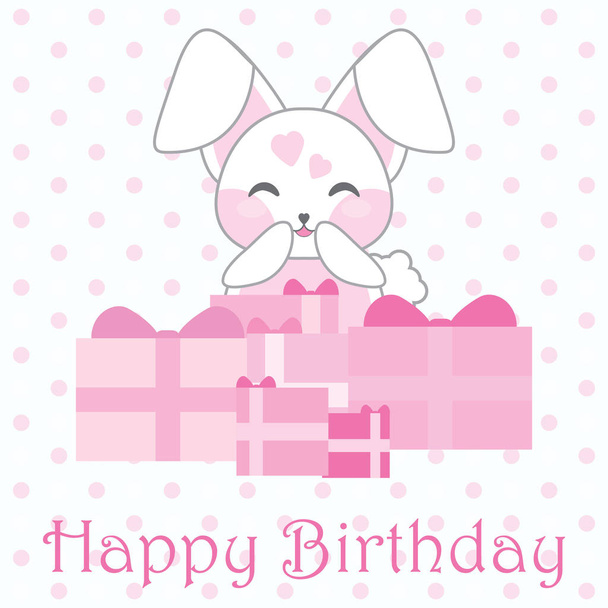 Verjaardag illustratie met schattige roze konijn en giften op polka dot achtergrond  - Vector, afbeelding