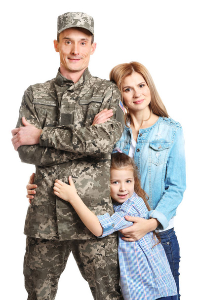 Happy soldier with family on white background - Φωτογραφία, εικόνα