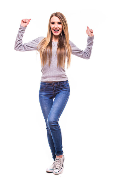 Young blonde girl with win emotions on white background - Foto, immagini