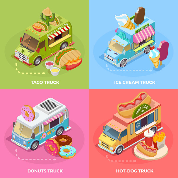 Food Truck 4 Isometric Icons Square - Vector, Image