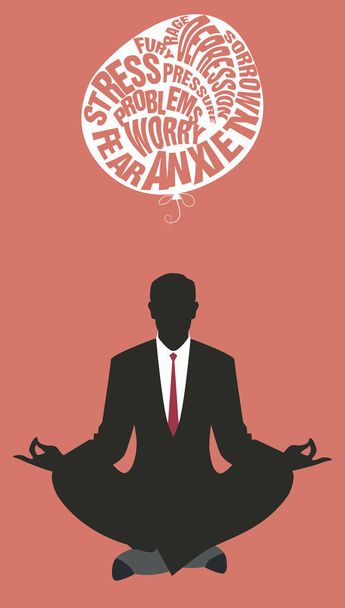 Businessman doing yoga. Meditation. Relaxing and letting go of the difficulties. Retro style. - Vector, Image