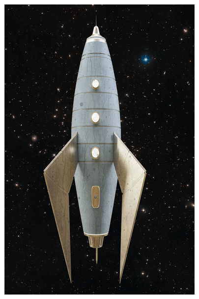 Ilustración 3d de un cohete espacial en una antigua postal
 - Foto, Imagen
