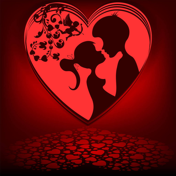 Rode achtergrond, hart paar - Vector, afbeelding