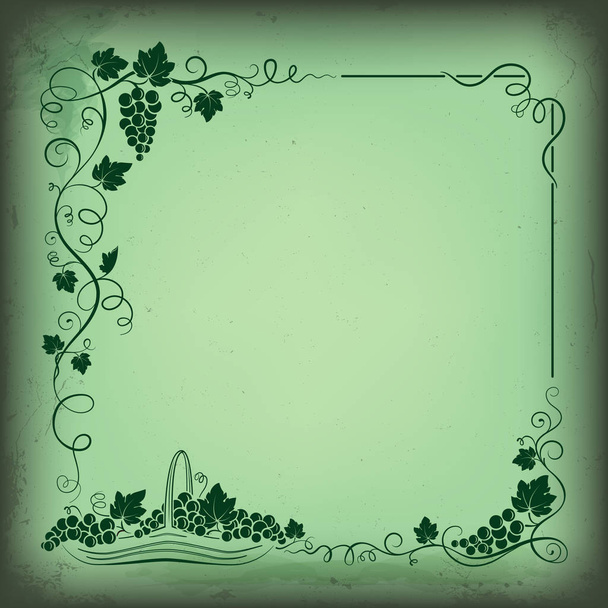 Decorative frame formed by bunch of grapes, vines, leaves, vignettes and basket with grapes. Grunge background. - Вектор,изображение