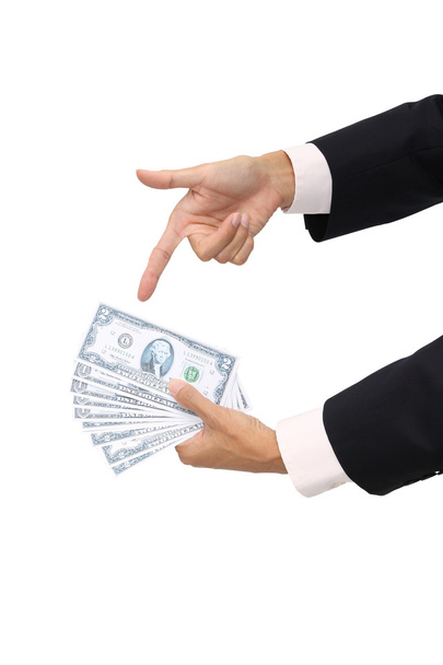 Point to cash in business man on white background. - 写真・画像