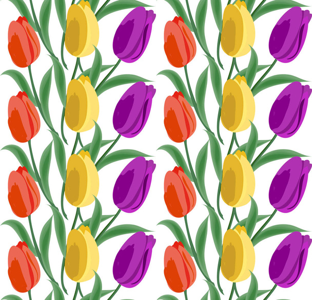 Wzór kwiatowy bezszwowe tło tulipany. Wiosenne kwiaty kwitnąć wektor ilustracja ręcznie rysowane - Wektor, obraz