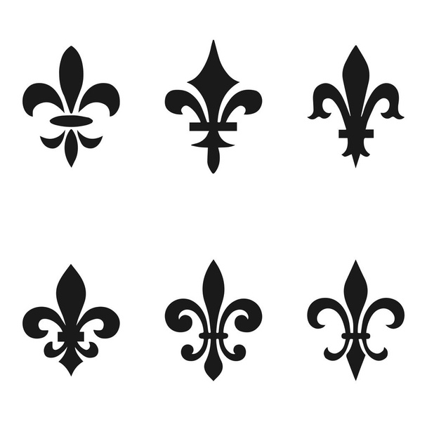 Collection of fleur de lis symbols, black silhouettes - heraldic symbols. Vector Illustration. Medieval signs. Glowing french fleur de lis royal lily. Elegant decoration symbols. - Vector, Image