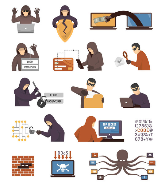 Набор плоских иконок для хакеров в сфере интернет-безопасности
 - Вектор,изображение